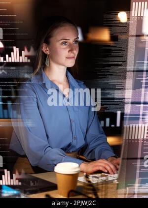 Woman typing, coding and data analytics hologram of dashboard at night, digital overlay and stock market statistics. Trading, information technology Stock Photo