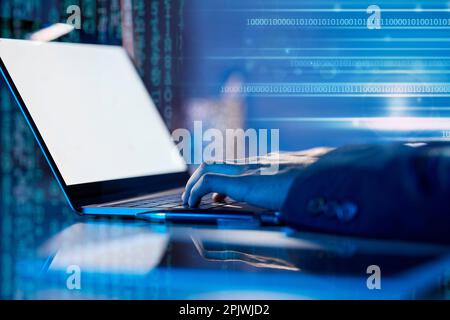 Hands, code and laptop screen, futuristic and programming, software development with digital overlay. Mockup space, man programmer in office at night Stock Photo