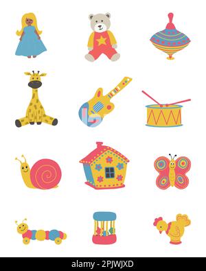 Toys isolated on a white background. There is a doll, a teddy bear, a house, a spindle top, a giraf, a guitar, a drum and other things in the picture. Stock Vector