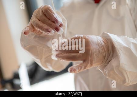 An anonymous laboratory worker manipulates a covid nasal test with gloves and a protective uniform in a laboratory. Specialist uses protective medical Stock Photo
