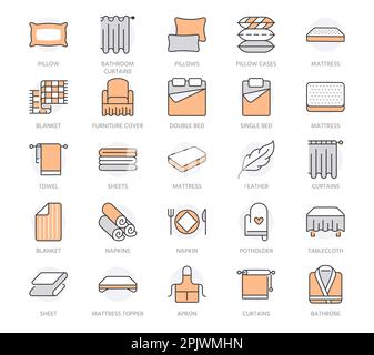 Bedding flat line icons. Orthopedics mattresses, bedroom linen, pillows, sheets set, blanket and duvet illustrations. Thin signs for interior store Stock Vector