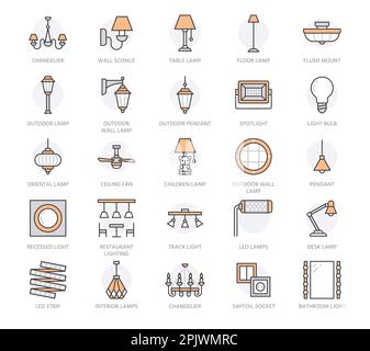 Light fixture, lamp flat line icons. Home, outdoor lighting equipment - chandelier, wall sconce, light bulb, power socket. Vector illustration, signs Stock Vector