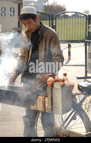 Kebab seller in the Pudong district, the financial heart of China. Shanghai,  China, Asia Stock Photo