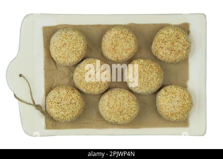 Preparation of homemade meat cutlets. Ready for cooking. Frozen cutlets. Top view. Stock Photo