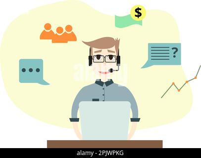 Young Man Sitting at the Desk and Using Laptop. Customer Service, Call Center. Support Office Manager with Headset for Business Infographics Stock Vector