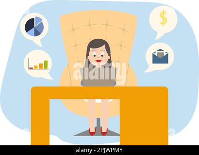 Young Woman Sitting at the Orange Desk and Using Laptop. Graphs and Charts, Money Icon and Envelope in the background. Office Manager Stock Vector