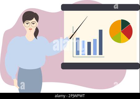 Young Woman Standing Next to Board with a Pointer in Hand Pointing at a Chart and Diagram. Office Manager for Business Infographics Stock Vector