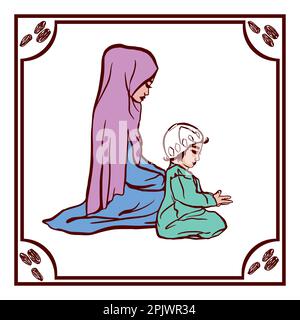 Religious muslim boy and woman reading namaz on white background for islamic holy month of prayers ramadan kareem. Ramadan vector illustration. Greeti Stock Vector