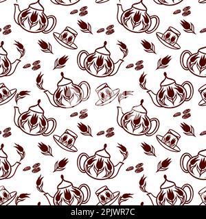 Iftar arrangement with teapot, cups, dried dates and flowers. Seamless pattern. Ramadan vector illustration. Muslim decorative elements. Greeting card Stock Vector