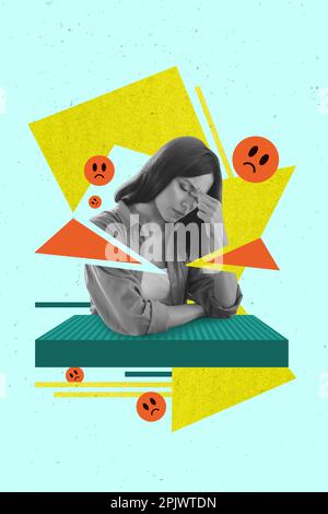 Vertical collage portrait of black white colors unsatisfied girl suffer headache feel bad unwell sad emoji isolated on drawing background Stock Photo