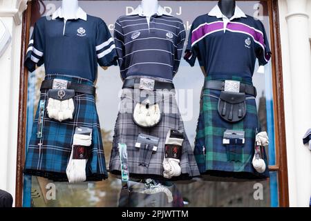 -Edinburgh,Scotland October 16, 2015  View of souvenir kilts sold in Edinburgh Scotland. Stock Photo