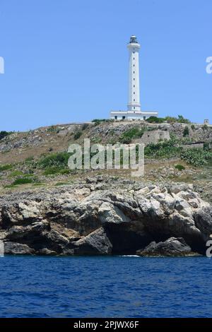 The suggestive lighthouse of Santa Maria di Leuca in Punta Meliso, activated in 1866, is 48 meters high and is located 102 meters above sea level. San Stock Photo