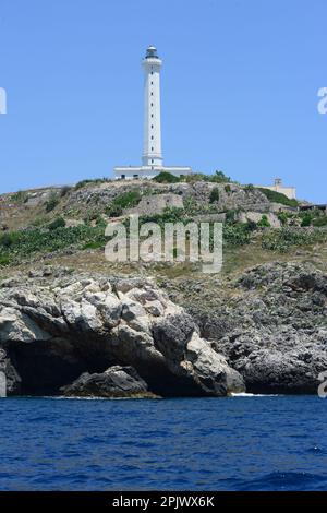 The suggestive lighthouse of Santa Maria di Leuca in Punta Meliso, activated in 1866, is 48 meters high and is located 102 meters above sea level. San Stock Photo