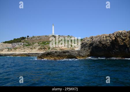 The suggestive lighthouse of Santa Maria di Leuca in Punta Meliso, activated in 1866, is 48 meters high and is located 102 meters above sea level. San Stock Photo