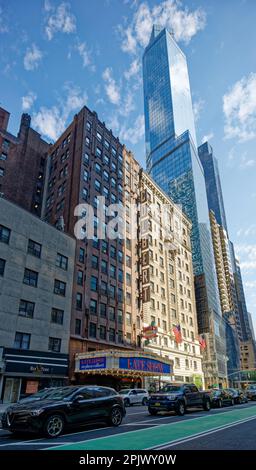 The Late Show marquee marks 1697 Broadway, the gothic office building rising above Ed Sullivan Theater – which actually faces West 53rd Street. Stock Photo