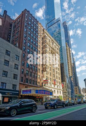 The Late Show marquee marks 1697 Broadway, the gothic office building rising above Ed Sullivan Theater – which actually faces West 53rd Street. Stock Photo