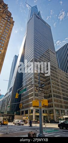 Residential 53 West 53, aka MoMA Tower, stands behind 1330 Avenue of the Americas, an earlier office International Style tower in Midtown Manhattan. Stock Photo