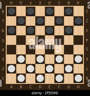 Chess boards on wooden background. Draughts, game with pieces in dark and light brown. Vector illustration. Eps 10. Stock Vector