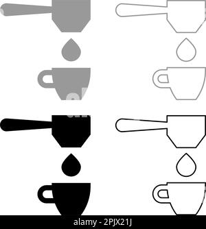 Coffee drop in cup filtering cuping portafilter drip set icon grey black color vector illustration image simple solid fill outline contour line thin Stock Vector