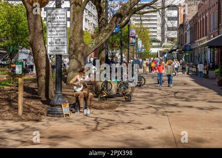 Knoxville, Tennessee, USA - March 25, 2023: Street entertainer playing a Kazoo and a banjo. in downtown district. Stock Photo