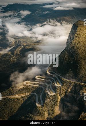 An aerial view of Serra da Leba road winding through a mountainous landscape Stock Photo