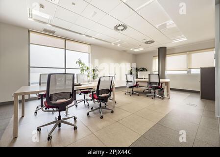 Professional office with large windows, technical ceilings, wooden meeting tables and identical swivel chairs Stock Photo