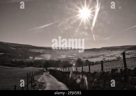 Spencer Lane looking to Mytholmroyd, Cobbles, Hebden Bridge, West Yorkshire Stock Photo