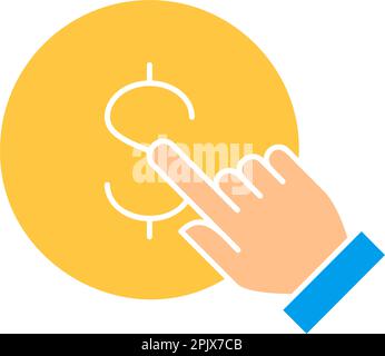 Finger click the coin, button press, finger touch on money white outline icon. Finance, payment, invest finance symbol design. Stock Vector