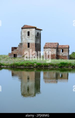 Ruins of the ancient control systems of the Cervia Salt Pans, Po Delta, Cervia, Ravenna; Emilia Romagna, Italy Stock Photo