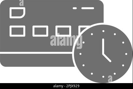 Credit card with clock, money payment processing, time is money grey fill icon. Shopping, online banking, finance symbol design. Stock Vector