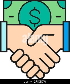 Dollar banknote with handshake, partnership color lineal icon. Cash payment, paper bill, dollar symbol design. Stock Vector