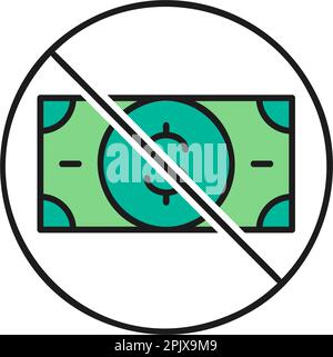 Money banknotes with prohibition sign, no money, credit rejection color lineal icon. Cash payment, paper bill, dollar symbol design. Stock Vector