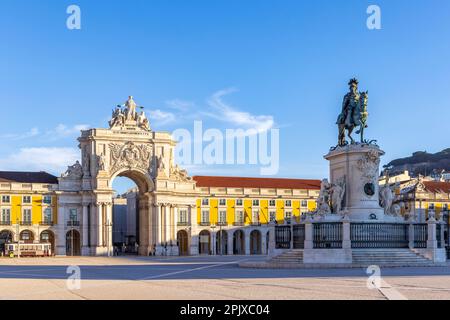 Statue of King José I and Arco da Rua Augusta on Praça do Comércio (commerce square) , Lisbon, Portugal Stock Photo