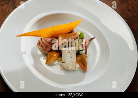 Grilled octopus and cuttlefish with potato chips by Chef Ciccio Sultano of the Duomo restaurant, with two Michelin stars, is one of the most represent Stock Photo