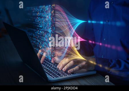 Data science and big data technology. Data scientist computing, analysing and visualizing complex data set on computer. Data mining, artificial intell Stock Photo