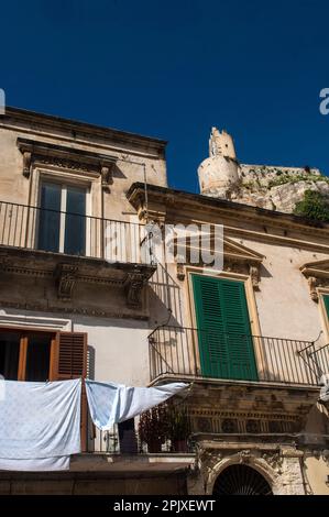 Via Marchesa Tedeschi and the Castello dei Conti, city of Modica, Ragusa, Sicily, Italy, Europe; UNESCO World Heritage Site Stock Photo