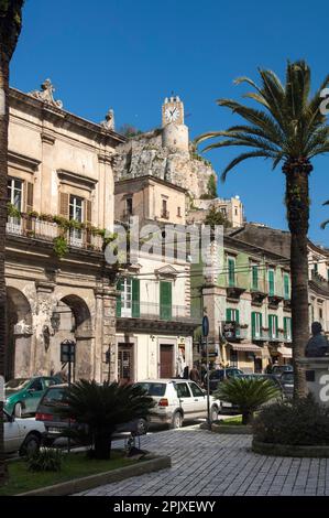 Via Marchesa Tedeschi and the Castello dei Conti, city of Modica, Ragusa, Sicily, Italy, Europe; UNESCO World Heritage Site Stock Photo