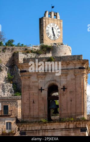 view on the bell tower of the Cathedral of San Pietro and the Castello dei Conti, city of Modica, Ragusa, Sicily, Italy, Europe; UNESCO World Heritage Stock Photo