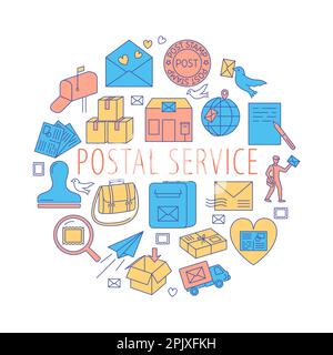 Postal service round poster in colored line style. Mail and parcels delivery, postman, post office. Vector illustration. Stock Vector