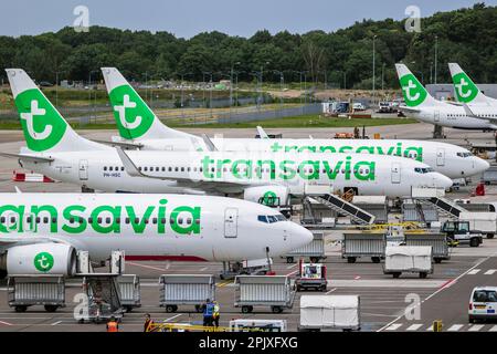 Transavia low-cost airline passenger planes on the tarmac of Eindhoven Airport. The Netherlands - June 29, 2020 Stock Photo