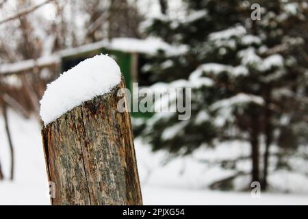 Fresh snow on top of a fence post. Snow covered field and trees out of focus in background. Stock Photo