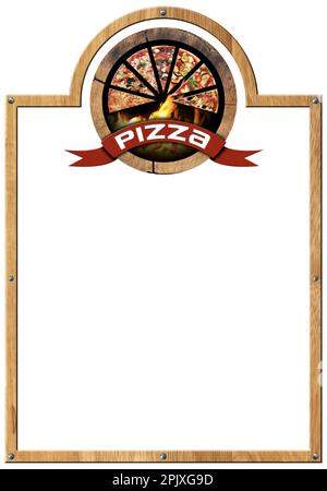 Template for a Pizza Menu. Wooden frame and wooden symbol with slices of pizza, flames and red ribbon with text pizza, isolated on white background. Stock Photo