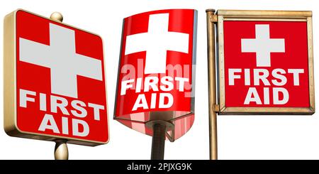 Group of red and white First Aid Signs, isolated on white background. Photography. Stock Photo