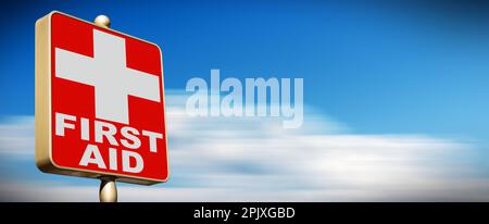 Close-up of a modern red and white First Aid Sign against a clear blue sky and clouds in motion. Photography. Stock Photo