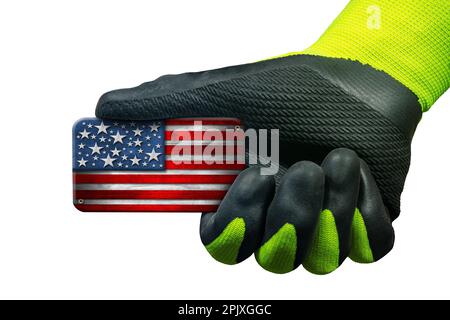 Manual worker with protective work glove holding a small wooden national flag of the United States of America, USA (American flag), isolated on white Stock Photo