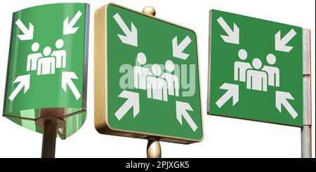 Emergency assembly point sign. Sign indicating where people should congregate following an emergency evacuation of the building. Stock Photo