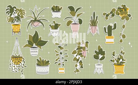 Set of different stickers of indoor plants. Stock Vector