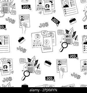 Business and work seamless pattern. Resumes of applicants, questionnaires and documents on white background. Vector illustration. Linear hand drawn do Stock Vector