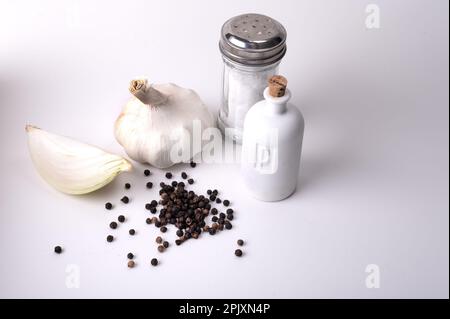Onion and garlic pepper with salt shaker and pepper shaker Stock Photo