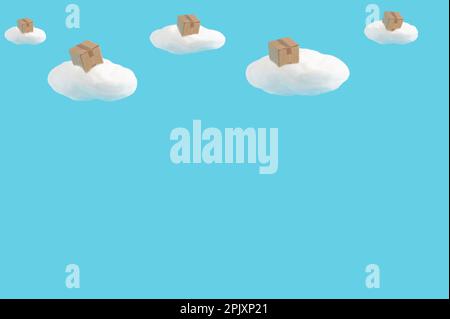 A vibrant image of packages floating through a white cloudy sky, perfect for illustrating the concept of cloud computing services Stock Photo